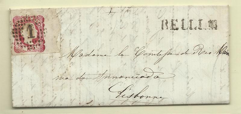 0117.jpg -     Lote:    117            Portugal       Descrição:         1856/58 &mdash; D. Pedro V. Cabelos anelados. CE13, 25 reis (canto de folha) em carta circulada de Belém para lisboa (29.12.59). carimbo batido a preto "BELLEM".        Carta       Valor Base:     &euro; 12,00     Valor Venda:     &euro; 12,00       