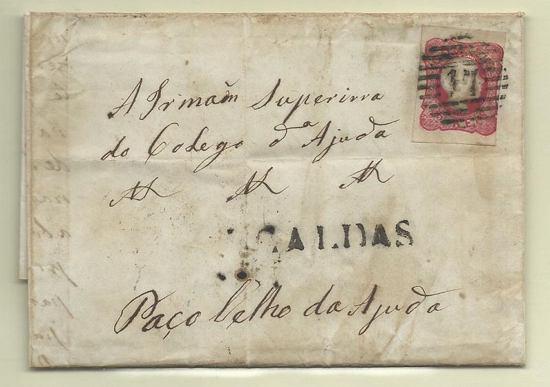 0118.jpg -     Lote:    118            Portugal       Descrição:         1856/58 &mdash; D. Pedro V. Cabelos anelados. CE13, 25 reis carmim rosa em carta circulada das Caldas (19.09.60) para Lisboa: Carimbo nominativo batido a preto "CALDAS" + numérico da 1.ª reforma "17".        Carta       Valor Base:     &euro; 12,00     Valor Venda:     Retirado     