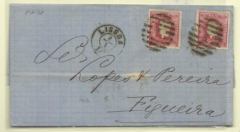 0121.jpg -     Lote:    121            Portugal       Descrição:         1867/70 &mdash; D. Luís I. Fita curva, denteados. CE30, 25 reis carmim rosa. Dois selos (duplo porte) em carta circulada de Lisboa (08.01.71) para a Figueira.        Carta       Valor Base:     &euro; 20,00     Valor Venda:     Retirado     