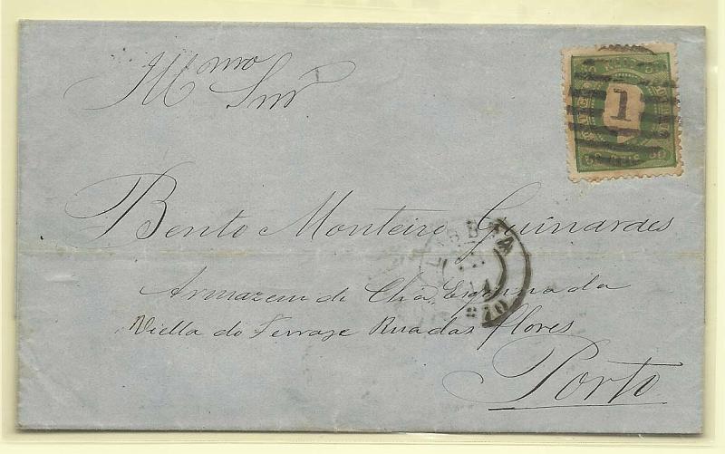 0122.jpg -     Lote:    122            Portugal       Descrição:         1867/70 &mdash; D. Luís i. Fita curva, denteados. CE31, 50 reis verde, em carta circulada de lisboa (22.11.70) para o Porto (23.11.70).        Carta       Valor Base:     &euro; 50,00     Valor Venda:     Retirado     
