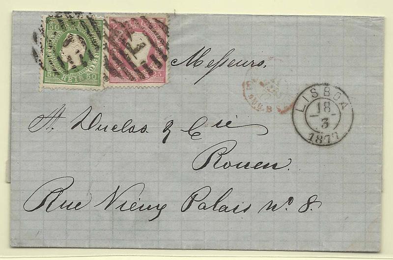 0123.jpg -     Lote:    123      Selo de 25 reis não pertence à carta      Portugal       Descrição:         1870/76 &mdash; D. Luís I. Fita direita. Carta circulada de Lisboa (18.03.77) para França (22.03.77) com selos de 25 reis + 50 reis, em denteados 12 &frac12;, papel liso CE 40/41.        Carta       Valor Base:     &euro; 15,00     Valor Venda:     Retirado     