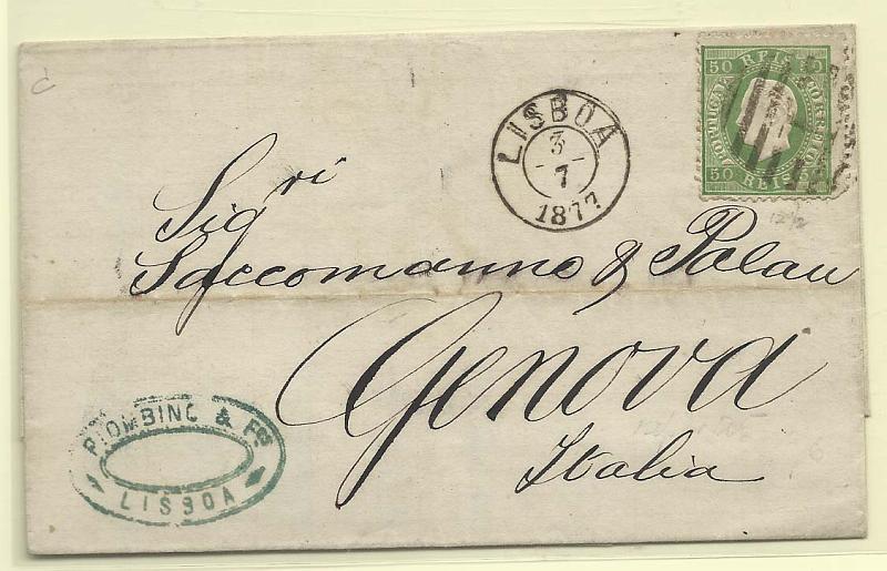 0124.jpg -     Lote:    124            Portugal       Descrição:         1870/76 &mdash; D. Luís I. Fita direita. CE41, 50 reis verde, papel lido, denteado 12 &frac12; em sobrescrito circulado de Lisboa (03.07.77) para Itália (08.07.77). B.        Carta       Valor Base:     &euro; 10,00     Valor Venda:     &euro; 12,00       