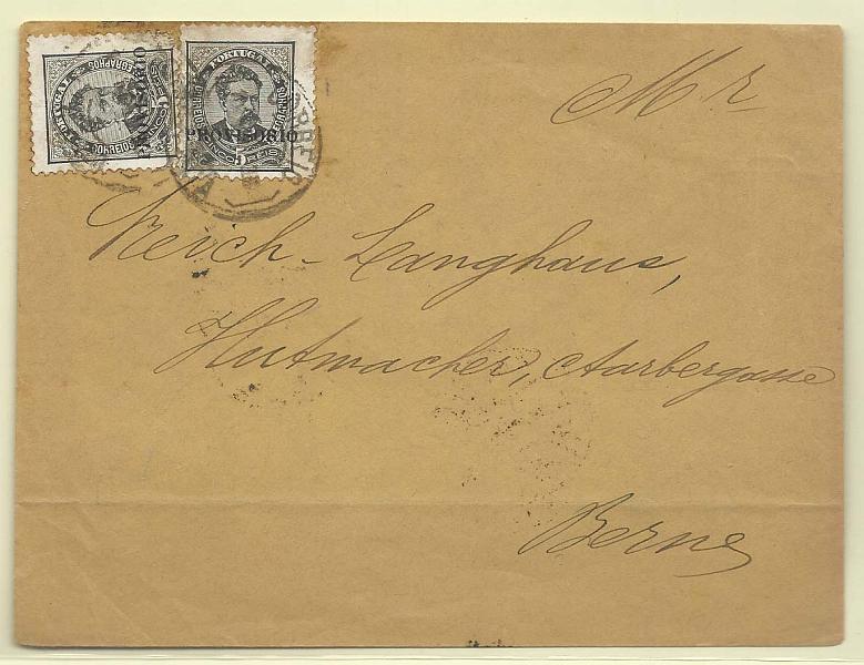0128.jpg -     Lote:    128            Portugal       Descrição:         1892/93 &mdash; D. Luís I. Sobrecargas "PROVISORIO". CE80, 5 reis preto. Dois selos em sobrescrito circulado de Lisboa para Berne (15.11.93).        Carta       Valor Base:     &euro; 15,00     Valor Venda:     Retirado     