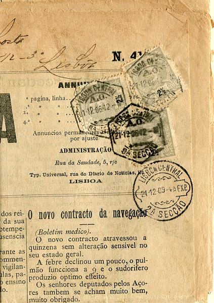 0129.jpg -     Lote:    129            Portugal       Descrição:         1895/96 &mdash; D. Carlos I Mouchon. CE126, 2 &frac12; reis cinzento. Três selos sobre jornal "Correio de Lisboa" circulado em Lisboa (21.12.09). Interessante triplo porte, provavelmente resultante de maço com 3 jornais.        JRN       Valor Base:     &euro; 12,00     Valor Venda:     &euro; 30,00       