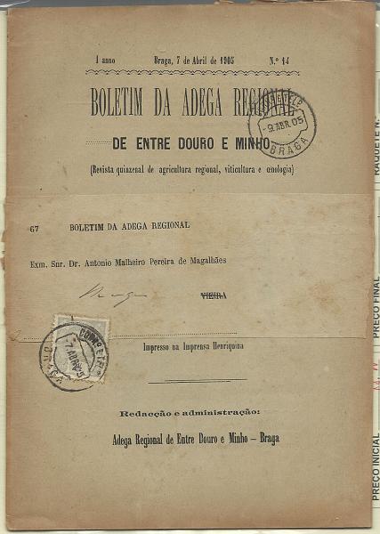 0130.jpg -     Lote:    130            Portugal       Descrição:         1895/96 &mdash; D. Carlos I Mouchon. CE126, 2 &frac12; reis cinzento em Boletim da Adega Regional de Entre Douro e Minho, circulado de Braga (07.04.05) para Vieira e reendereçado para Braga (09.04.05).        DOC       Valor Base:     &euro; 15,00     Valor Venda:     Retirado     