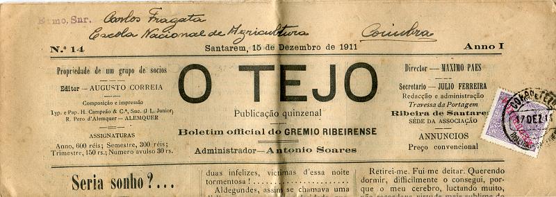 0134.jpg -     Lote:    134            Portugal       Descrição:         1910 &mdash; D. Manuel II, com sobrecarga REPUBLICA. CE156, 2 &frac12; reis sobre jornal "O TEJO) circulado de Ribeira de Santarém (17.12.11) para Coimbra. MB.        JRN       Valor Base:     &euro; 15,00     Valor Venda:     &euro; 20,00       