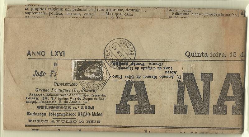 0139.jpg -     Lote:    139            Portugal       Descrição:         1912 &mdash; Ceres. Jornal "A Nação" circulado de Lisboa (12.06.1913) para Boassas (13.06.13) com selo de &frac14; c sépia CE206, denteado 15x14, papel porcelana ordinário. Carimbo circular datado de BOASSAS         JOR       Valor Base:     &euro; 10,00     Valor Venda:     Retirado     