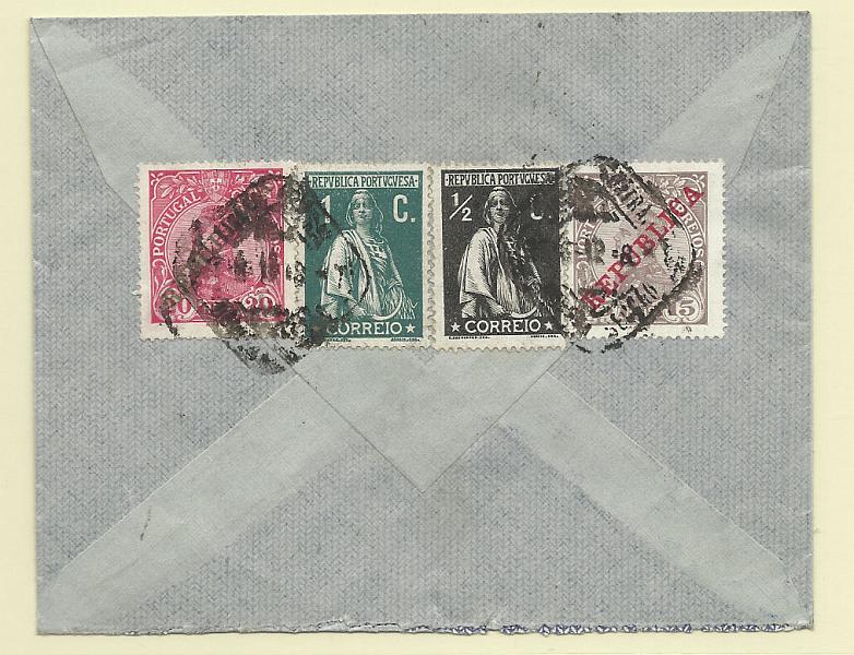 0140.jpg -     Lote:    140            Portugal       Descrição:         1910/12 &mdash; D. Manuel II com sobrecarga REPUBLICA + Ceres. Sobrescrito circulado de Lisboa (22.05.12) para a Alemanha, com selos de 15 e 20 reis CE173/174 + selos de &frac12; c preto e 1c verde CE207/208, todos em denteado 15xq4, papel porcelana.        Carta       Valor Base:     &euro; 20,00     Valor Venda:     Retirado     