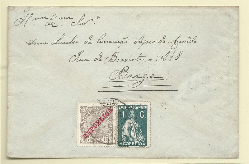 0143.jpg -     Lote:    143            Portugal       Descrição:         1910/12 &mdash; D. Manuel II com sobrecarga REPUBLICA + Ceres. Sobrescrito circulado de Bragança para Braga (03.04.12) com selo de 15 reis CE173 e selo de 1c verde, denteado 15x14, papel porcelana ordinário CE208.        Carta       Valor Base:     &euro; 20,00     Valor Venda:     Retirado     