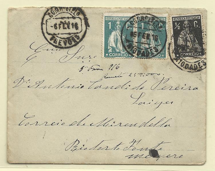 0144.jpg -     Lote:    144            Portugal       Descrição:         1912 &mdash; Ceres. Sobrescrito circulado de Riodades (06.02.16) para Rio Torto com trânsito por Trevões, com selos de &frac12; c preto CE207, denteado 15x14 + par de 1c verde, denteado 15x14, CE208. Carimbos circulares datados de RIODADES e TREVÕES.        Carta       Valor Base:     &euro; 20,00     Valor Venda:     &euro; 20,00       