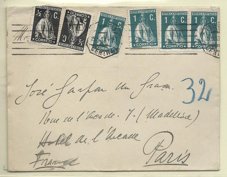 0145.jpg -     Lote:    145            Portugal       Descrição:         1912 &mdash; Ceres. Sobrescrito circulado de Lisboa (29.05.13) para Paris, com dois selos de &frac12; c preto, CE207 e 4 selos de 1c verde CE208, todos em papel porcelana ordinário e denteado 15x14.        Carta       Valor Base:     &euro; 15,00     Valor Venda:     Retirado     