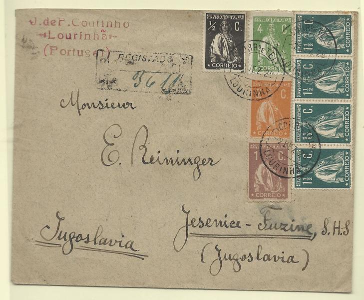 0146.jpg -     Lote:    146            Portugal       Descrição:         1912/17 &mdash; Ceres. Sobrescrito circulado registado da Lourinhã (02.12.20) para a Jugoslávia, com trânsito por Lisboa (03.12.20) com selos de &frac12; c CE207, 4x 1 &frac12; c verde CE222, 1c castanho CE221, 2c laranja CE223 e 4c verde CE226. B.        Carta       Valor Base:     &euro; 20,00     Valor Venda:     &euro; 30,00       