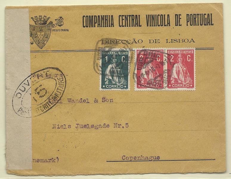 0148.jpg -     Lote:    148            Portugal       Descrição:         1912 &mdash; Ceres. Sobrescrito circulado de Lisboa (15.04.15) para Copenhaga com selo de 1c verde + par de 2c carmim CE208, 210, todos em denteado 15x14, papel porcelana. Censurado em França.        Carta       Valor Base:     &euro; 20,00     Valor Venda:     Retirado     