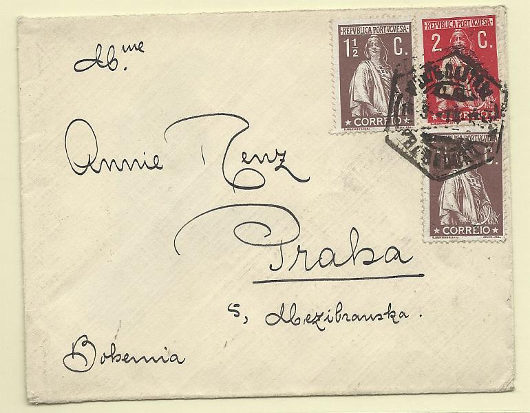 0149.jpg -     Lote:    149            Portugal       Descrição:         1912 &mdash; Ceres. Sobrescrito circulado de Lisboa (11.09.14) para Praga, com dois selos de 1 &frac12; c castanho + selo de 2c carmim CE209/210, todos em denteado 15x14, papel porcelana.        Carta       Valor Base:     &euro; 30,00     Valor Venda:     Retirado     