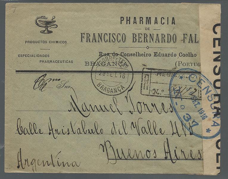 0150.jpg -     Lote:    150            Portugal       Descrição:         1912 &mdash; Ceres. Sobrescrito circulado de Bragança (28.09.16) para Buenos Aires com trânsito por Lisboa (30.09.16) com selos de 2c carmim CE210 + 8c ardósia CE214, todos em denteado 15x14. Aberto pela censura.        Carta       Valor Base:     &euro; 40,00     Valor Venda:     &euro; 42,00       