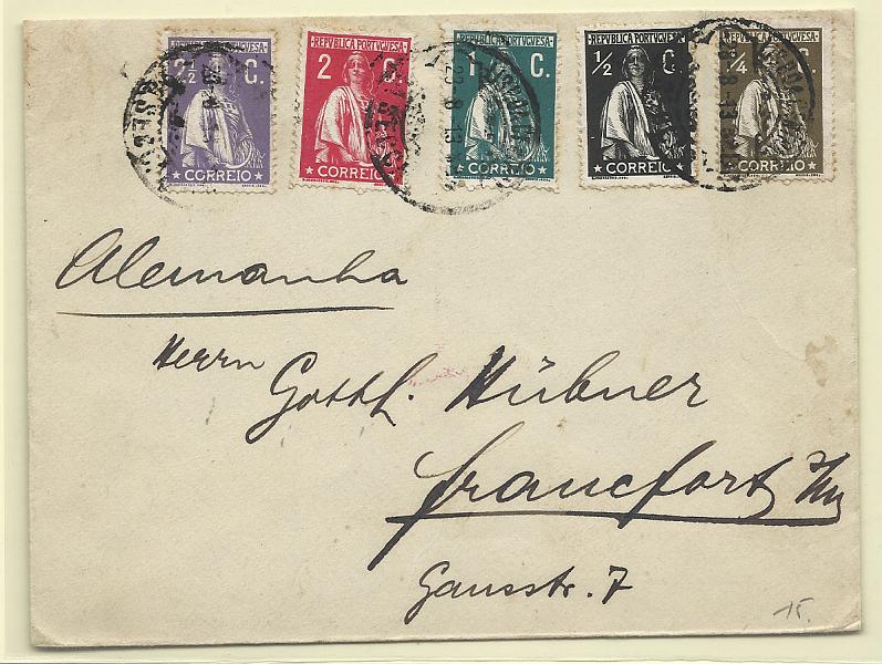0151.jpg -     Lote:    151            Portugal       Descrição:         1912 &mdash; Ceres. Sobrescrito circulado de Lisboa (16.08.13) para a Alemanha com selos de &frac14; c, &frac12;, 1c, 2c e 2 &frac12; c CE206/208, 210/211.        Carta       Valor Base:     &euro; 25,00     Valor Venda:     Retirado     