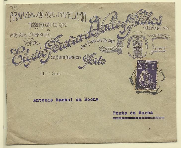 0152.jpg -     Lote:    152            Portugal       Descrição:         1912 &mdash; Ceres. Sobrescrito circulado do Porto (10.11.15) para Ponte da Barca (11.11.15) com selo de 2 &frac12; c CE211, papel porcelana, denteado 15x14. Sobrescrito publicitário muito bonito.        Carta       Valor Base:     &euro; 10,00     Valor Venda:     Retirado     
