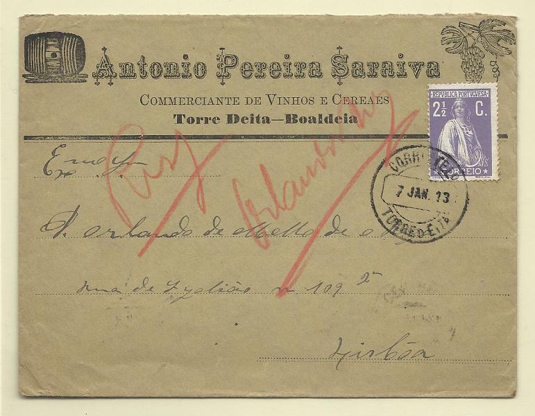 0153.jpg -     Lote:    153            Portugal       Descrição:         1912 &mdash; Ceres. Sobrescrito circulado de Torre Deita (07.01.13) para Lisboa (08.01.13) com selo de 2 &frac12; c violeta CE211, denteado 15x14, papel porcelana CE211. Carimbo circular datado de TORRE DEITA. MB e R.        Carta       Valor Base:     &euro; 25,00     Valor Venda:     &euro; 34,00       