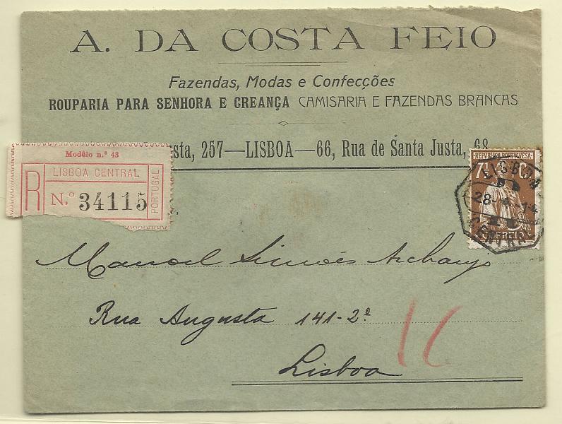0158.jpg -     Lote:    158            Portugal       Descrição:         1912 &mdash; Ceres. Sobrescrito circulado registado em Lisboa (28.04.14), com selo de 7 &frac12; c bistre CE213, denteado 15x14.        Carta       Valor Base:     &euro; 15,00     Valor Venda:     Retirado     