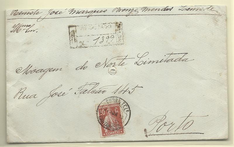 0161.jpg -     Lote:    161            Portugal       Descrição:         1912 &mdash; Ceres. Sobrescrito circulado registado de Cantanhede (22.04.13) para o Porto (23.04.13) com selo de 10c tijolo claro CE215, denteado 15x14, papel porcelana.        Carta       Valor Base:     &euro; 75,00     Valor Venda:     Retirado     