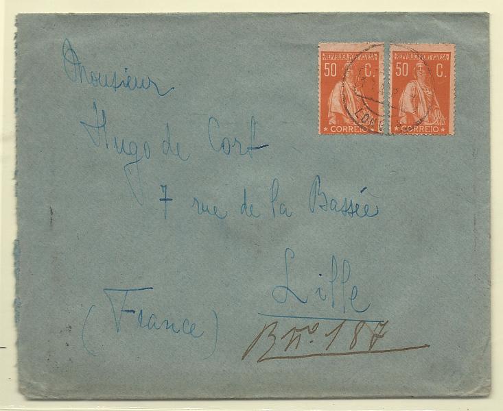 0164.jpg -     Lote:    164            Portugal       Descrição:         1912 &mdash; Ceres. Sobrescrito circulado registado de Longra (17.04.21) para França, com trânsito por Lisboa (19.04.21) com selos de 2c laranja CE223, par de 4c verde CE226 + dois selos de 50c laranja s/ salmão, denteado 15x14 CE219. MB.        Carta       Valor Base:     &euro; 60,00     Valor Venda:     Retirado     