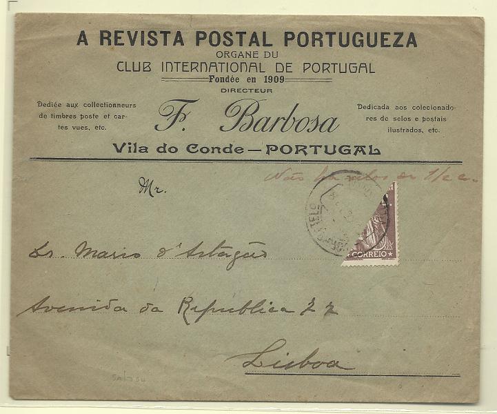 0167.jpg -     Lote:    167            Portugal       Descrição:         1917 &mdash; Ceres. Sobrescrito circulado aberto como impresso, de Vila do Conde (20.04.18) para Lisboa com selo bissectado de 1c castanho CE221, como selo de recurso por falta de selos de &frac12; c. Inscrição manuscrita "Não há selos de &frac12; c". MB e MR.        Carta       Valor Base:     &euro; 350,00     Valor Venda:     &euro; 550,00       