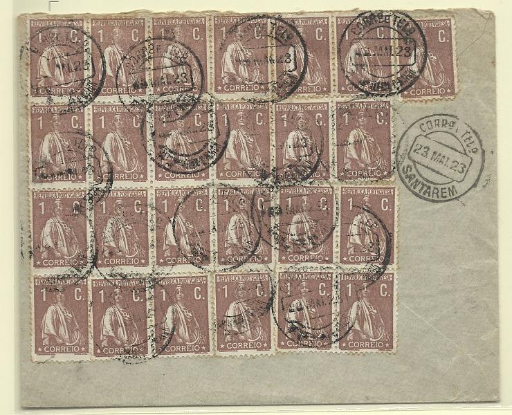 0168.jpg -     Lote:    168            Portugal       Descrição:         1917 &mdash; Ceres. Sobrescrito circulado para Santarém (23.05.23) com 25 selos de 1c castanho CE221, denteado 12x11 &frac12;. B.         Carta       Valor Base:     &euro; 30,00     Valor Venda:     &euro; 30,00       