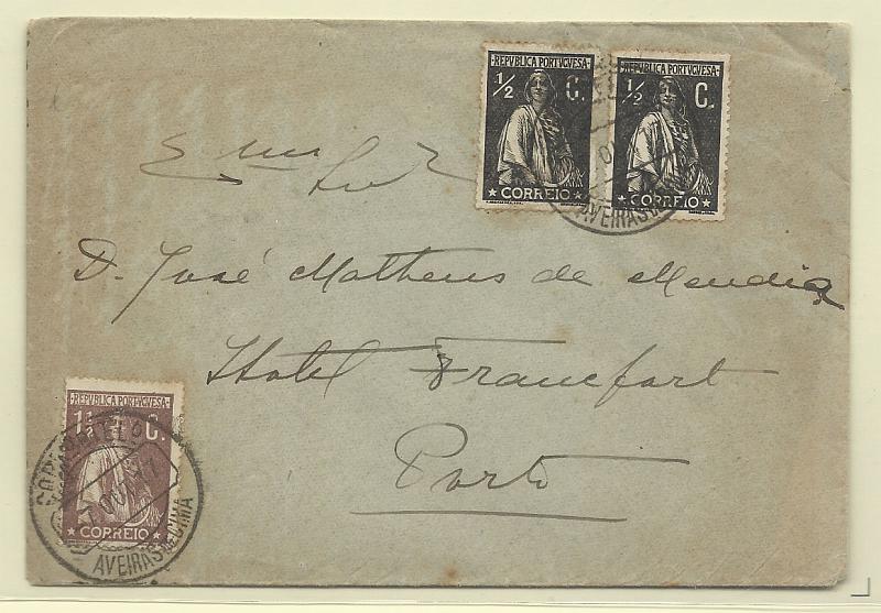 0169.jpg -     Lote:    169            Portugal       Descrição:         1912 &mdash; Ceres. Sobrescrito circulado de Aveiras de Cima (07.10.17) para o Porto, com dois selos de &frac12; c preto e um de 1 &frac12; c castanho CE207, 209, todos em denteado 15x14.        Carta       Valor Base:     &euro; 20,00     Valor Venda:     Retirado     