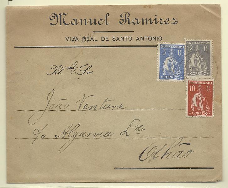 0171.jpg -     Lote:    171            Portugal       Descrição:         1912/17 &mdash; Ceres. Sobrescrito circulado de Vila Real de Santo António (06.05.??) para Olhão (07.05.??) com selos de 3c azul CE235, 10c CE215 e 12c cinzento CE230.        Carta       Valor Base:     &euro; 15,00     Valor Venda:     Retirado     