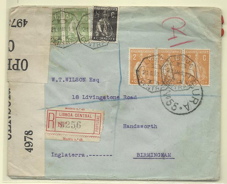0173.jpg -     Lote:    173            Portugal       Descrição:         1912/17 &mdash; Ceres. Sobrescrito circulado registado de Lisboa (21.03.19) para a Inglaterra com selos de &frac12; c preto CE207 + 3x2c laranja CE223 + par de 3 &frac12; c verde CE225, perfazendo o porte de 13 &frac12; c. Censurado pelos ingleses. B.        Carta       Valor Base:     &euro; 15,00     Valor Venda:     Retirado     