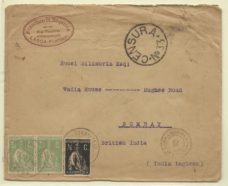 0174.jpg -     Lote:    174            Portugal       Descrição:         1912/17 &mdash; Ceres. Sobrescrito circulado de Lagoa (17.12.18) para Bombaim, com selos de &frac12; c preto CE207 + par de 3 &frac12; c verde CE225. Todos em denteado 15x14. B.        Carta       Valor Base:     &euro; 15,00     Valor Venda:     &euro; 24,00       