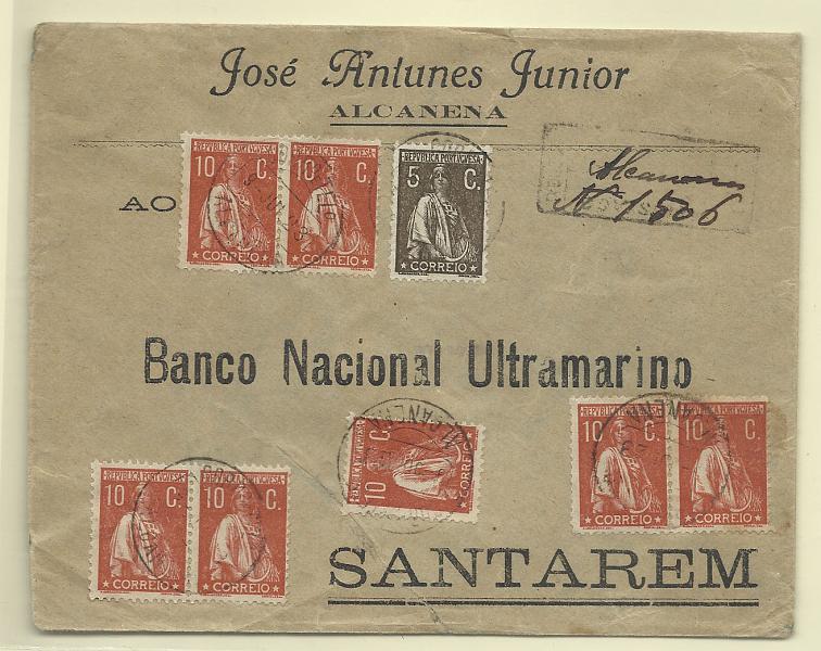 0175.jpg -     Lote:    175            Portugal       Descrição:         1912 &mdash; Ceres. Sobrescrito circulado registado de Alcanena (09.07.23) para Santarém, com selo de 5c CE252 + 7 selos de 10c CE215, denteado 12x11 &frac12; (três pares + selo isolado).        Carta       Valor Base:     &euro; 15,00     Valor Venda:     &euro; 15,00       