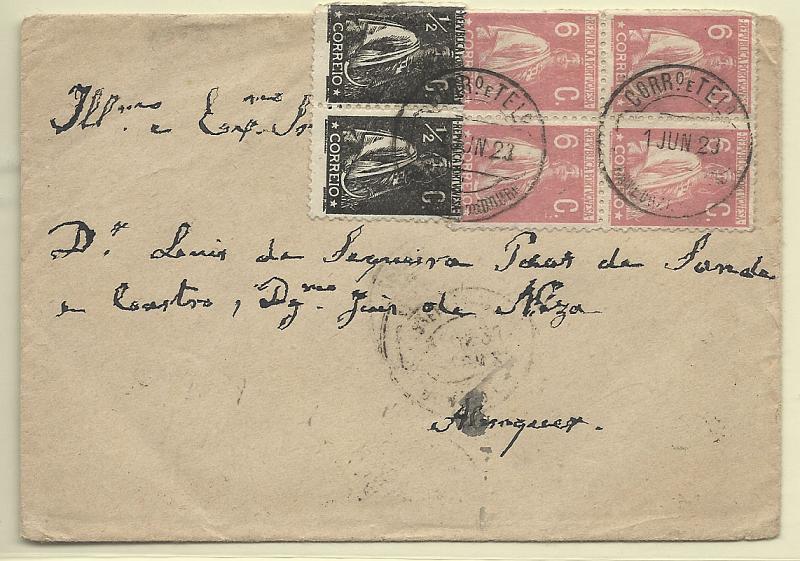 0176.jpg -     Lote:    176            Portugal       Descrição:         1912/17 &mdash; Ceres. Sobrescrito circulado de Ervedosa do Douro (01.06.23) para Alenquer (02.06.23) com par de selos de &frac12; c preto Ce207 + quadra de 6c rosa CE228. CCD de "ERVEDOSA DO DOURO".        Carta       Valor Base:     &euro; 15,00     Valor Venda:     &euro; 15,00       