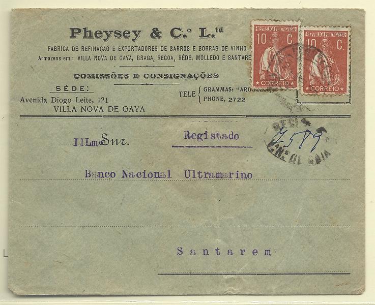 0178.jpg -     Lote:    178            Portugal       Descrição:         1912 &mdash; Ceres. Sobrescrito circulado registado de Vila Nova de Gaia (24.05.23) para Santarém com dois selos de 10c CE215, denteado 12x11 &frac12;. Carimbo de registo oval de V.A N.A DE GAIA.        Carta       Valor Base:     &euro; 15,00     Valor Venda:     &euro; 40,00       