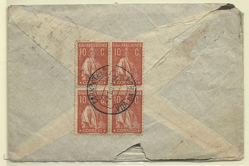 0179.jpg -     Lote:    179            Portugal       Descrição:         1912 &mdash; Ceres. Sobrescrito circulado de Vila da Rua (07.11.24) para Lisboa, com quadra de 10c CE215. Carimbo circular datado de VILA DA RUA.        Carta       Valor Base:     &euro; 20,00     Valor Venda:     &euro; 22,00       