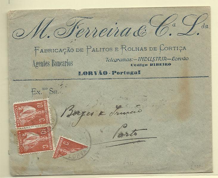 0180.jpg -     Lote:    180            Portugal       Descrição:         1912 &mdash; Ceres. Sobrescrito circulado de Lorvão para o Porto (11.09.24) com dois selos de 10c + selo bissectado de 10c como de recurso à falta de selo de 5c, todos em denteado 12x11 &frac12;, papel liso. MB e MR.        Carta       Valor Base:     &euro; 250,00     Valor Venda:     &euro; 550,00       