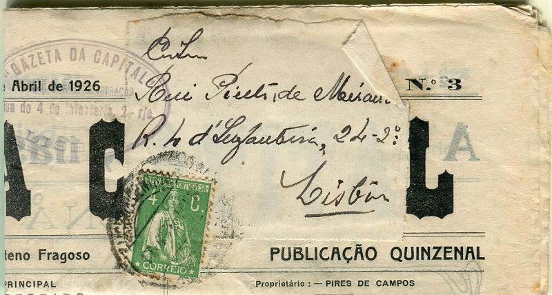 0181.jpg -     Lote:    181            Portugal       Descrição:         1917/20 &mdash; Ceres. CE226, 4c, denteado 12x11 &frac12;, sobre jornal "Gazeta da Capital) circulado em Lisboa (15.04.26).        JRN       Valor Base:     &euro; 8,00     Valor Venda:     Retirado     