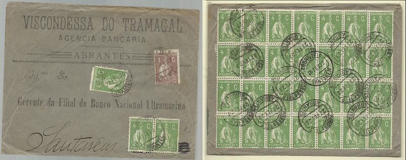 0183.jpg -     Lote:    183            Portugal       Descrição:         1917 &mdash; Ceres. Sobrescrito circulado de Abrantes (27.02.23) para Santarém (28.02.23) com bloco de 28 selos de 4c verde (no verso) + 3 selos na frente CE226 + selo de 1c castanho CE221. B.        Carta       Valor Base:     &euro; 40,00     Valor Venda:     &euro; 140,00       