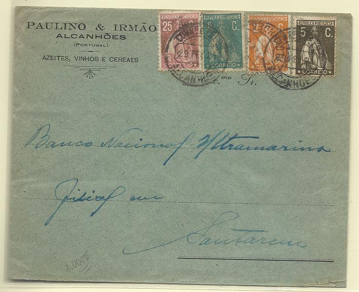 0187.jpg -     Lote:    187            Portugal       Descrição:         1917/23 &mdash; Ceres. Sobrescrito circulado de Alcanhões (29.02.24) para Santarém (29.02.24) com selos de 2c CE223, 5c CE252, 8c CE237 e 25c CE255.        Carta       Valor Base:     &euro; 12,00     Valor Venda:     &euro; 12,00       