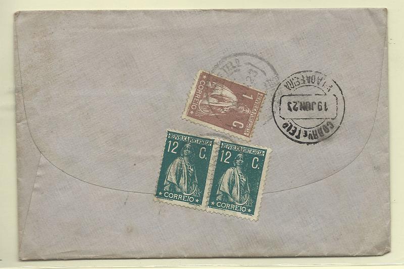 0188.jpg -     Lote:    188            Portugal       Descrição:         1917/22 &mdash; Ceres. Sobrescrito circulado para Vila da feira (19.06.23) com selos de 1c CE221 + par de 12c verde CE238.        Carta       Valor Base:     &euro; 15,00     Valor Venda:     Retirado     