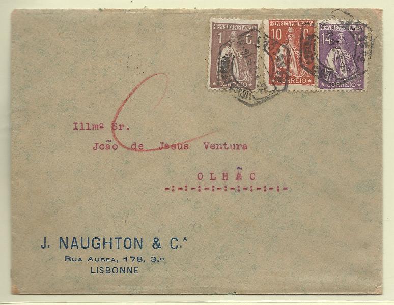 0189.jpg -     Lote:    189            Portugal       Descrição:         1917/22 &mdash; Ceres. Sobrescrito circulado de Lisboa (23.04.23) para Olhão (24.04.23) com selos de 1c castanho CE221 + 10c tijolo CE215 + 14c violeta, denteado 12x11 &frac12; CE239. R.        Carta       Valor Base:     &euro; 40,00     Valor Venda:     Retirado     