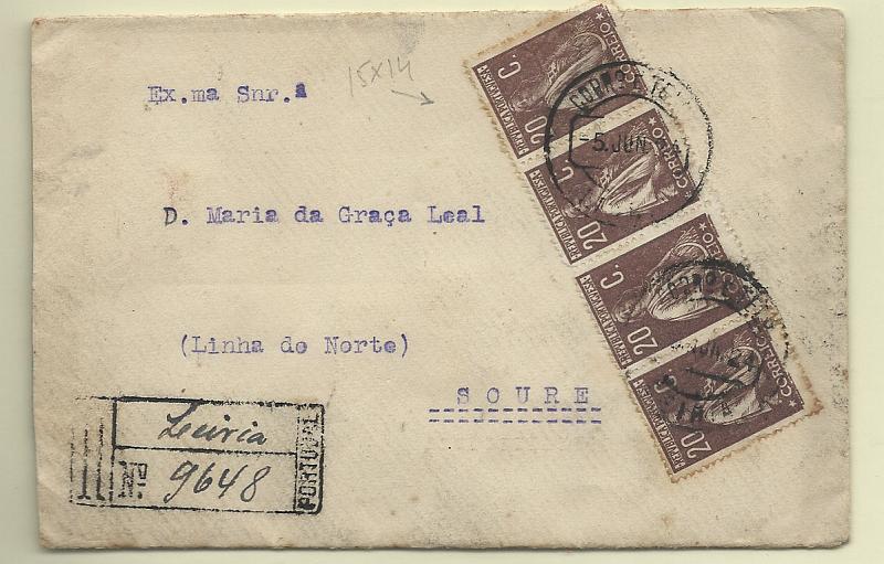 0190.jpg -     Lote:    190            Portugal       Descrição:         1920/22 &mdash; Ceres. Sobrescrito circulado registado de Leiria (05.06.24) para Soure (07.06.24) com tira de 4 selos de 20c chocolate, denteado 15x14, papel liso médio, CE240.        Carta       Valor Base:     &euro; 40,00     Valor Venda:     &euro; 40,00       
