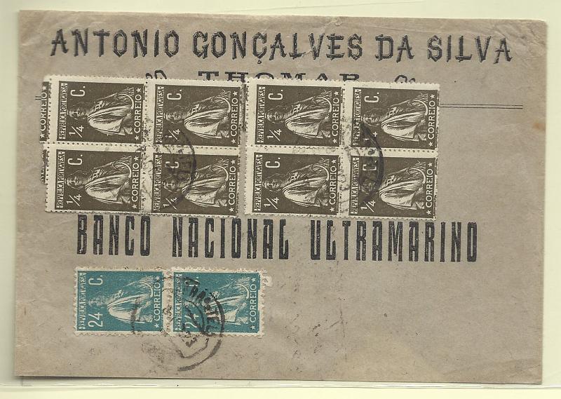 0192.jpg -     Lote:    192            Portugal       Descrição:         1912/22 &mdash; Ceres. Sobrescrito circulado de Tomar (08.03.23) para Santarém (09.03.23) com duas quadras de &frac14; c sépia, denteado 15x14, papel liso CE206 + par de 24c CE241.        Carta       Valor Base:     &euro; 25,00     Valor Venda:     Retirado     