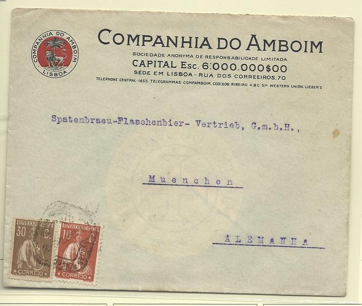 0195.jpg -     Lote:    195            Portugal       Descrição:         1920/22 &mdash; Ceres. Sobrescrito circulado de Lisboa (10.03.22) para a Alemanha com selos de 10c CE215 e 30c castanho amarelo, denteado 15x14 CE242. R.        Carta       Valor Base:     &euro; 35,00     Valor Venda:     Retirado     