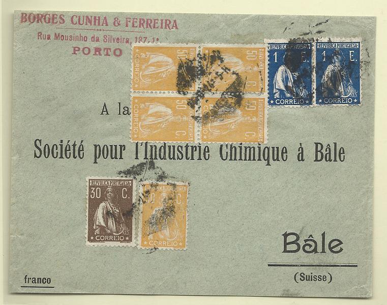 0196.jpg -     Lote:    196            Portugal       Descrição:         1920/23 &mdash; Ceres. Frente de sobrescrito circulado do Porto (24.06.24) para Bale com selo de 30c castanho CE242 + selo isolado e quadra de 50c amarelo laranja CE244 + dois selos de 1E azul CE258.        Carta       Valor Base:     &euro; 60,00     Valor Venda:     Retirado     