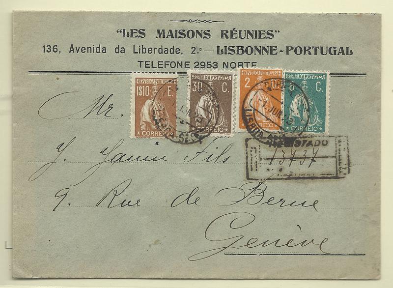 0204.jpg -     Lote:    204            Portugal       Descrição:         1917/22 &mdash; Ceres. Sobrescrito circulado registado de Lisboa (01.06.23) para Geneve com selos de 2c CE223, 8c CE237, 30c CE242 e 1$10 bistre CE249. MB.        Carta       Valor Base:     &euro; 40,00     Valor Venda:     Retirado     