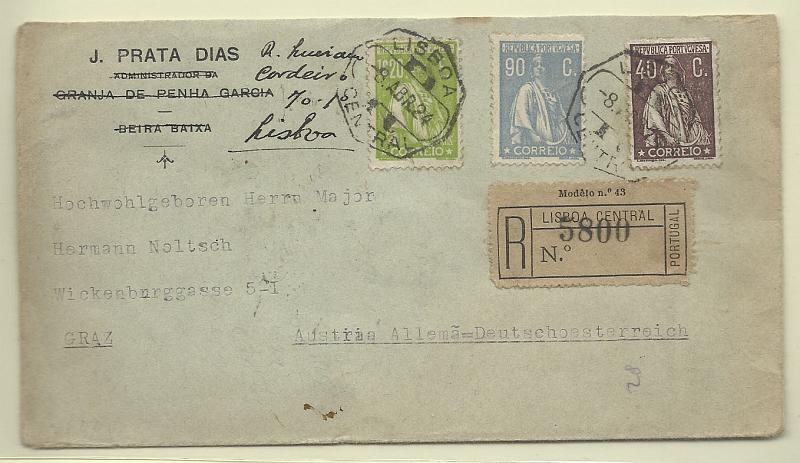 0205.jpg -     Lote:    205            Portugal       Descrição:         19*20/22 &mdash; Ceres. Sobrescrito circulado registado de Lisboa (08.04.24) para a Áustria, com selos de 40c chocolate CE283 + selo de 90c ultramar CE247 + selo de 1$20 verde amarelo CE250. B e R.        Carta       Valor Base:     &euro; 40,00     Valor Venda:     Retirado     