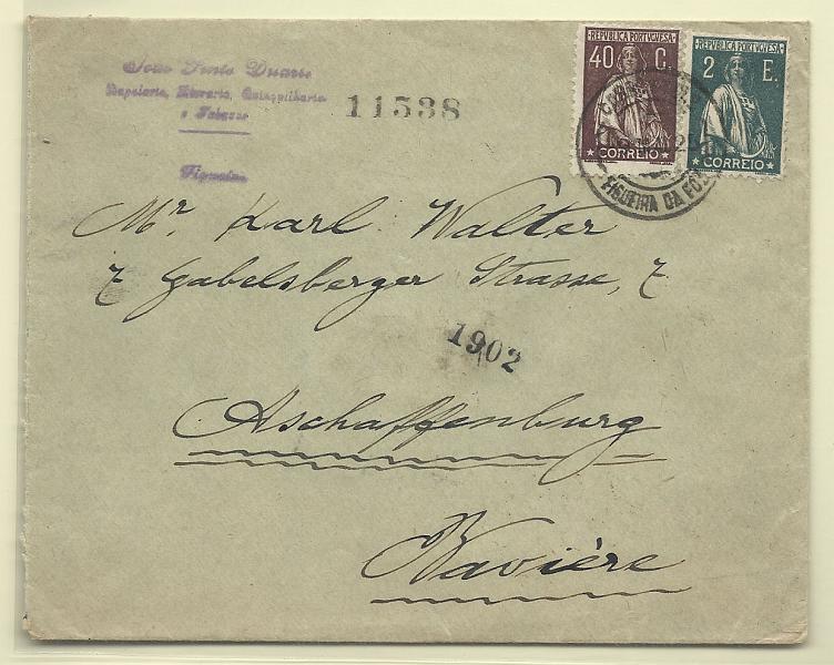 0206.jpg -     Lote:    206            Portugal       Descrição:         1920/26 &mdash; Ceres. Sobrescrito circulado registado da Figueira da Foz (09.05.25) para a Alemanha, com trânsito por Lisboa (10.05.25) com selo de 40c chocolate CE283 + selo de 2E verde escuro CE251.        Carta       Valor Base:     &euro; 75,00     Valor Venda:     Retirado     