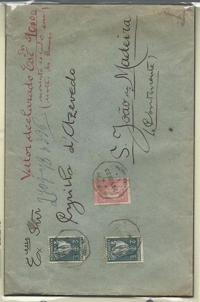 0207.jpg -     Lote:    207            Portugal       Descrição:         1920/23 &mdash; Ceres. Valor declarado de 90$00 circulado de Lisboa (29.11.23) para S. João da Madeira  com selo de 25c CE255 e dois selos de 2E verde escuro CE251. B e MR.        Carta       Valor Base:     &euro; 200,00     Valor Venda:     &euro; 320,00       