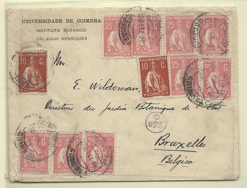 0209.jpg -     Lote:    209            Portugal       Descrição:         1912/23 &mdash; Ceres. Sobrescrito circulado de Coimbra (20.02.26) para a Bélgica com dois selos de 10c CE215 + 9 selos de 25c rosa claro CE255.        Carta       Valor Base:     &euro; 20,00     Valor Venda:     Retirado     